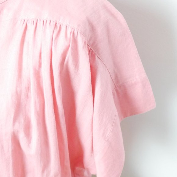 Free People Pink Button Up Short Sleeve Top w/ Gathered Waist Crochet Back Small - Picture 7 of 10